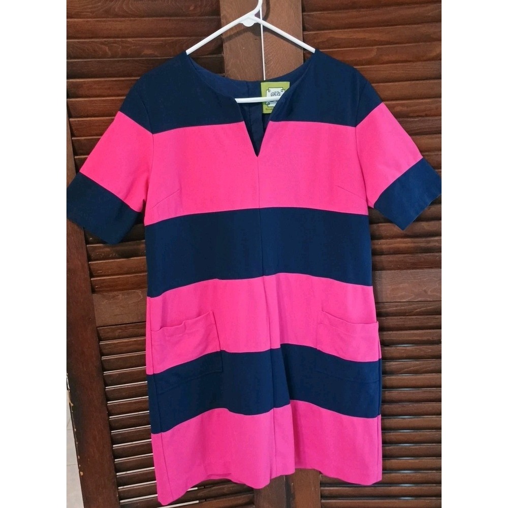Elizabeth‎ Mckay Women's Gwyneth Dress Stripes Navy Pink Pockets Size 14